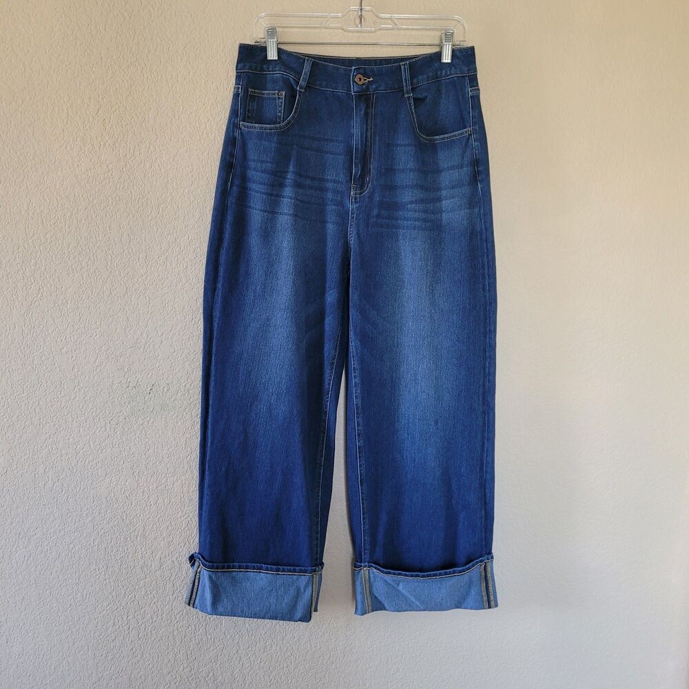 HALARA Flex Wide Leg Cuffed Rolled Hem Jeans Size Large High Rise Casual Comfort
